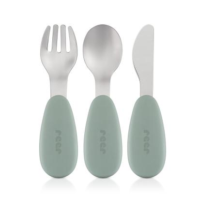 Set 3 tacamuri din otel inoxidabil (furculita, lingurita si cutit), manere din silicon, fara BPA, lavabile in masina de spalat vase, Reer 25133 Children SafetyCare
