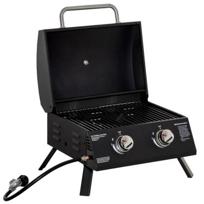 Gratar camping, grill dreptunghiular, cu gaz, 2 arzatoare, capac, termometru, 55x46.5x41 cm GartenVIP DiyLine