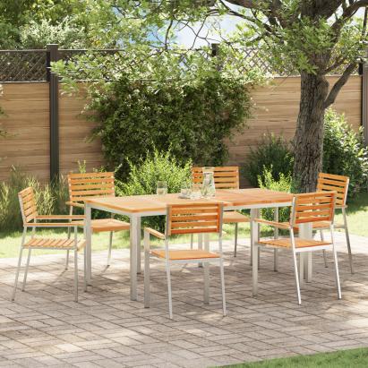 Set masă grădină  7 piese din lemn masiv de tec, Masă exterior  180x90x75 cm din lemn masiv de tec, Scaune grădină stivuibile 2 buc din lemn masiv de tec și oțel , Scaune grădină stivuibile 4 buc din lemn masiv de tec și oțel  GartenMobel Dekor