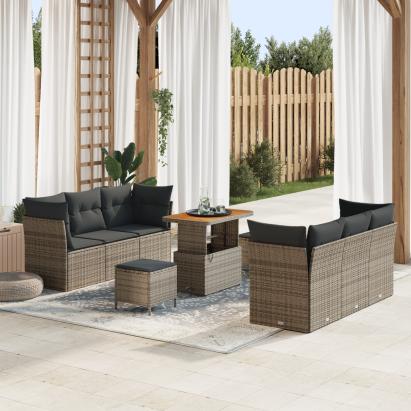 Set de Sofa de Grădină cu Perne Gri Poliratan Acacia,  Set de Dining de Grădină cu Perne Gri Poliratan Acacia GartenMobel Dekor