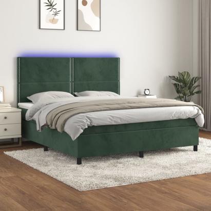 Pat cu arcuri, saltea și LED, verde închis, 160x200 cm, catifea GartenMobel Dekor
