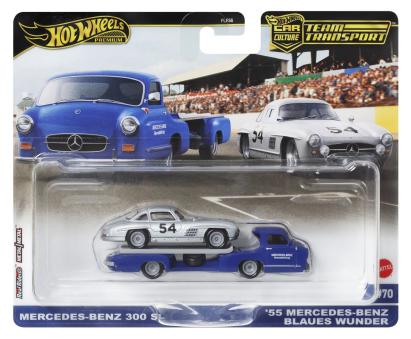 HOT WHEELS TRANSPORTATOR  MERCEDES-BENZ 55 BLAUES WUNDER CU MASINUTA MERCEDES-BENZ 300 SL SCARA 1:64 SuperHeroes ToysZone