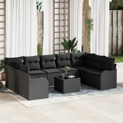 Set de Canapea Grădină  10 Piese cu Perne Bej din Ratan PVC, Canapea Grădină cu 2 Locuri  cu Perne Negre din Ratan PVC GartenMobel Dekor