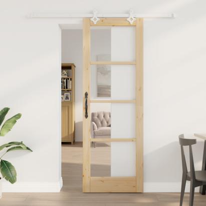 Set Ușă Culisantă  cu Hardware 73.5x211 cm Lemn Masiv Pin, Ușă Interioară  cu Sticlă 'ORKDAL'73.5x211x4 cm Lemn Masiv Pin GartenMobel Dekor