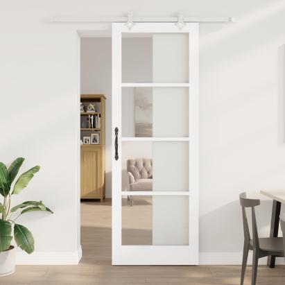 Ușă Glisantă  cu Set Hardware Alb 83x232 cm Lemn Solid Pin, Ușă Interioară  cu Sticlă 'ORKDAL'Alb 83x232x4 cm GartenMobel Dekor