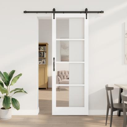Ușă glisantă  cu set de fierărie alb 83x232 cm lemn masiv de pin, Ușă de interior  cu sticlă 'ORKDAL'alb 83x232x4 cm GartenMobel Dekor