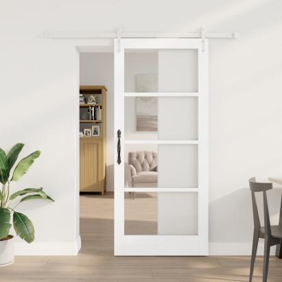 Ușă Glisantă  cu Set de Accesorii Alb 78x202 cm Lemn Solid Pin, Ușă Interioară  cu Sticlă 'ORKDAL'Alb 78x202x4 cm GartenMobel Dekor