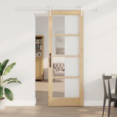 Set Ușă Glisantă  cu Accesorii 78x211 cm Lemn Masiv din Pin, Ușă Interioară  cu Sticlă 'ORKDAL'78x211x4 cm Lemn Masiv din Pin GartenMobel Dekor