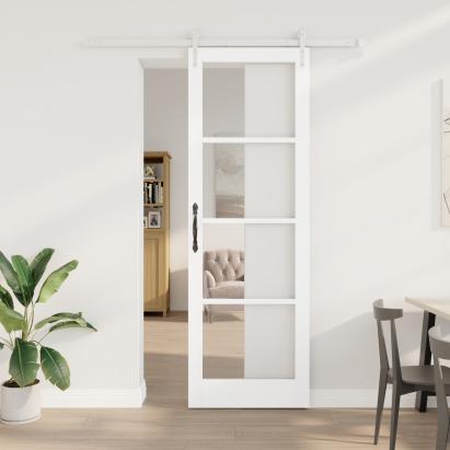 Set Ușă Glisantă  cu Accesorii Alb 78x232 cm Lemn Masiv Pin, Ușă Interioară  cu Sticlă 'ORKDAL'Alb 78x232x4 cm GartenMobel Dekor