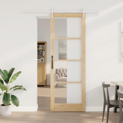 Set de ușă glisantă  cu hardware 83x232 cm din lemn masiv din pin, Ușă interioară  cu sticlă "ORKDAL" 83x232x4 cm din lemn masiv din pin GartenMobel Dekor