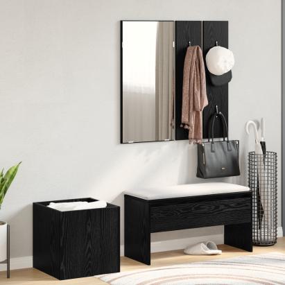 Set Mobilier pentru Hol  Lemn Ingineresc Negru Stejar, Set Mobilier pentru Hol  în Lemn Ingineresc Negru Stejar, Cutie pentru Plante  Negru Stejar 40x40x40 cm Lemn Ingineresc GartenMobel Dekor