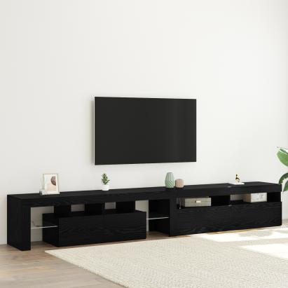 Set de 2 cabine TV cu lumini LED din lemn prelucrat de stejar negru, Cabinet TV  cu LED stejar negru 120x35x40 cm din lemn prelucrat GartenMobel Dekor