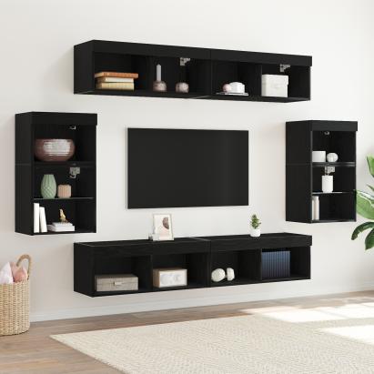 Raft suspendat  2 buc Stejar negru 40x28,5x40 cm din lemn ingineresc, Dulapuri de perete  cu lumini LED 2 buc Stejar negru 40x30x30 cm, Dulapuri de perete pentru TV  cu lumini LED 2 buc Stejar negru 80x30x30 cm GartenMobel Dekor