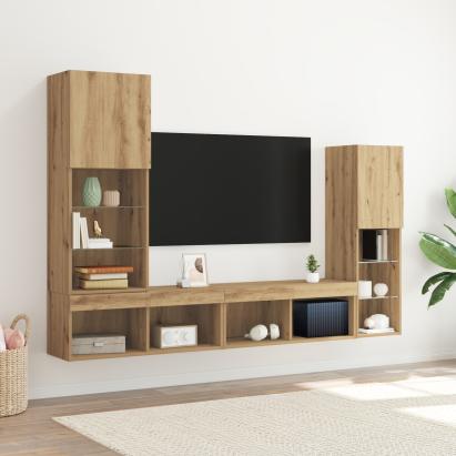 Dulap TV  cu lumini LED Stejar artizanal 40.5x30x102 cm, Dulapuri TV  cu lumini LED 2 bucăți Stejar artizanal 80x30x30 cm GartenMobel Dekor