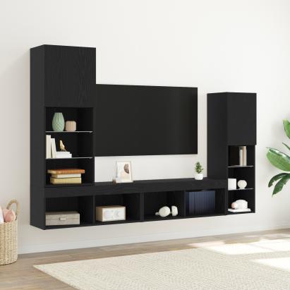 Dulap TV  Stejar Negru 30.5x30x102 cm Lemn Ingineresc, Dulap TV  cu Lumini LED Stejar Negru 40.5x30x102 cm, Dulapuri TV  cu Lumini LED 2 buc Stejar Negru 80x30x30 cm GartenMobel Dekor