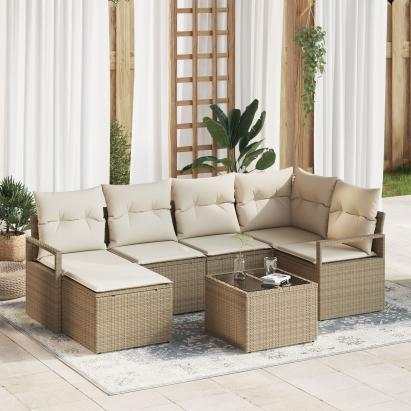 Set de sofa de grădină  cu 7 piese cu perne din ratan poli maro, Sofa de grădină  cu 2 locuri cu perne din ratan poli bej GartenMobel Dekor