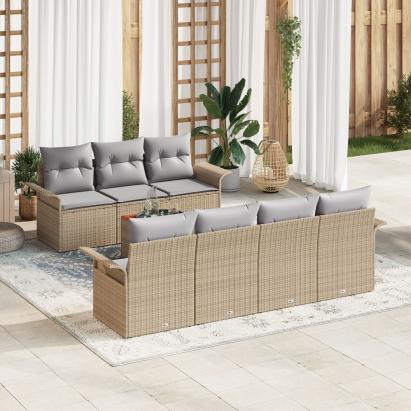 Set Canapea Grădină 8 Piese cu Perne Bej Rattan Poly Acacia GartenMobel Dekor