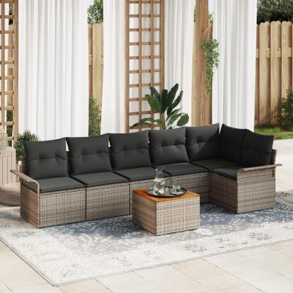 Set de Sofa de Grădină cu 7 Piese Gri Poliratan Acacia GartenMobel Dekor
