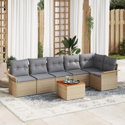 Set canapea de grădină cu 7 piese și perne Bej Poly Rattan Acacia GartenMobel Dekor