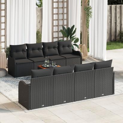 Set de 9 Piese pentru Grădină cu Perne Negru Poliratan Acacia, Sofa de Grădină cu 2 Locuri și Perne Negru Poliratan GartenMobel Dekor