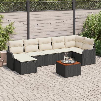 Set de canapea de grădină  cu 8 piese cu perne Negru Ratan Poli Acacia, Set de canapea de grădină  cu 2 locuri cu perne Negru Ratan Poli GartenMobel Dekor