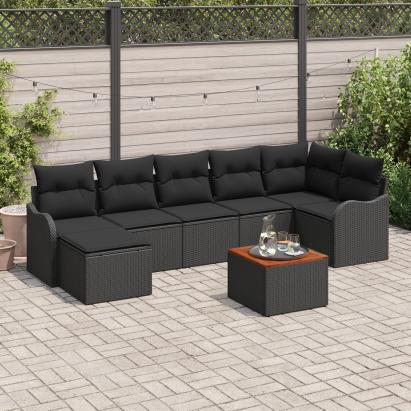 Set de Canapea de Grădină  8 Piese cu Pernă Negru Poliratan Acacia, Sofa de Grădină  2 Persoane cu Pernă Negru Poliratan GartenMobel Dekor