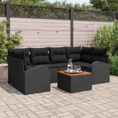Set de 7 Piese Sofa de Grădină cu Pernuțe Negru Poliratan Acacia GartenMobel Dekor