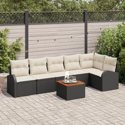 Set canapea de grădină 7 piese cu perne Black Poly Rattan Acacia GartenMobel Dekor