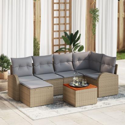 Set de 7 Piese de Sofa de Grădină cu Perne Bej din Rattan Poli Acacia GartenMobel Dekor