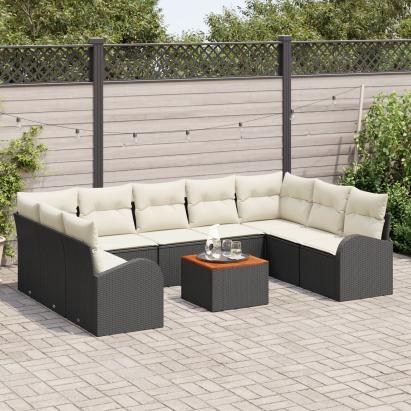Set de canapea de grădină 10 piese cu perne Rattan polițit negru Acacia GartenMobel Dekor