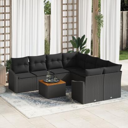 Set de canapea cu 9 piese cu perne Negru Poliratan Acacia GartenMobel Dekor