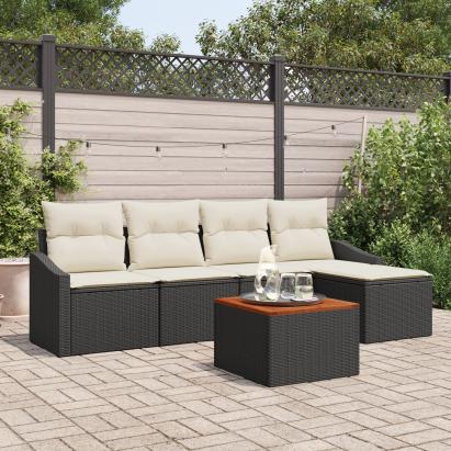 Set de Sofas de Grădină cu Pernă Negru Poliratan Acacia GartenMobel Dekor