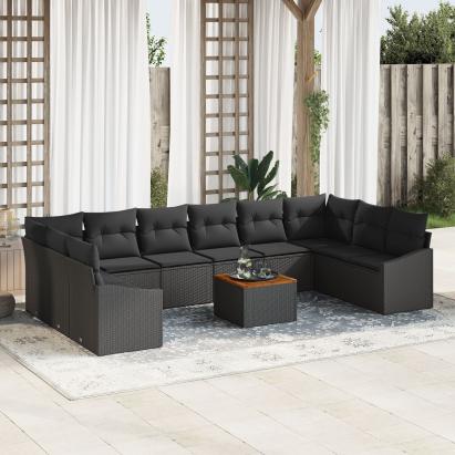 Set de canapele de grădină 11 piese cu perne Negru Poly Rattan Acacia GartenMobel Dekor