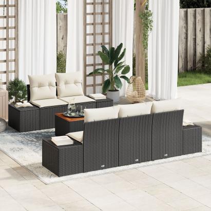 Set de Sofa de Grădină de 6 Piese cu Perne Negre din Ratan Poli Acacia GartenMobel Dekor