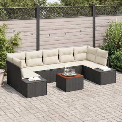 Set de canapea cu 8 piese cu perne negre din poli ratan acacia GartenMobel Dekor