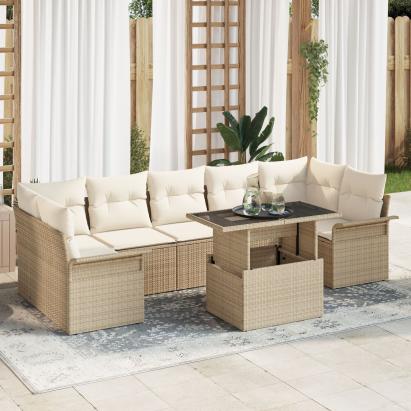Set de sofa de grădină cu 8 piese cu perne Bej din ratan poli GartenMobel Dekor