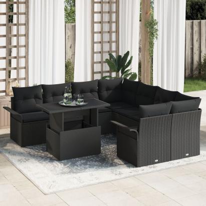 set de 9 piese de sofa de grădină cu perne Negru Poliratan GartenMobel Dekor