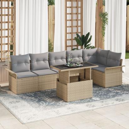 Set de Sofa de Grădină cu 7 Piese cu Perne Bej Ratan Poli GartenMobel Dekor