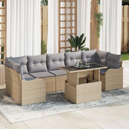 Set de 8 Piese Sofa de Grădină cu Perne Bej din Ratan Poliester,  Sofa de Grădină cu 2 Locuri cu Perne Bej din Ratan Poliester GartenMobel Dekor