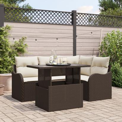 Set Sofa Grădină  5 Piese cu Pernă Maro Ratan Poli, Sofa Grădină  2 Locuri cu Pernă Maro Ratan Poli GartenMobel Dekor