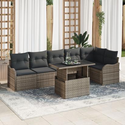 Set de Sofa de Grădină  7 Piese cu Perne Gri Poliratan, Sofa de Grădină  2-Seater cu Perne Gri Poliratan GartenMobel Dekor