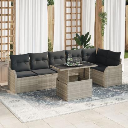 Set 7 piese canapele grădină cu perne gri deschis din ratan poli, Canapea grădină 2 locuri cu perne gri deschis din ratan poli GartenMobel Dekor