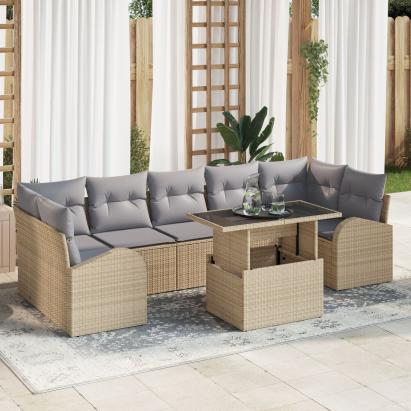Set de sofa de grădină cu 8 piese și perne Bej Poli Ratan GartenMobel Dekor