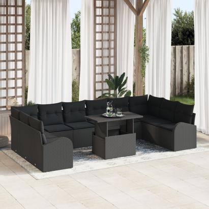 Set de sofa cu 11 piese cu perne Negru Poliratan GartenMobel Dekor