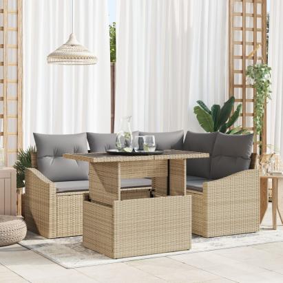 Set de 5 piese de sofa pentru grădină cu perne Bej din ratan poli GartenMobel Dekor