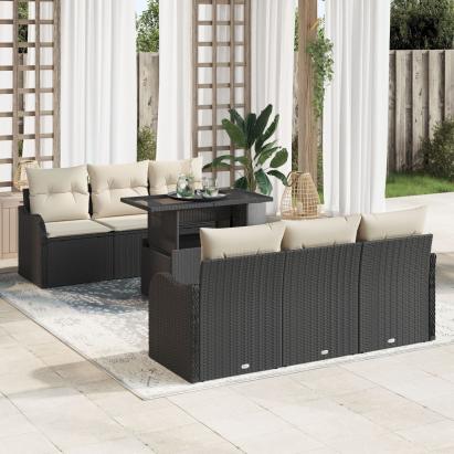 Set de Sofa pentru Grădină  7 Piese cu Perne Negre Ratan Polimer, Sofa Individuală pentru Grădină  cu Perne Negre Ratan Polimer GartenMobel Dekor