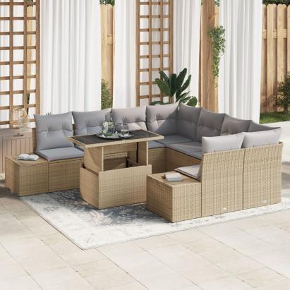 Set de sofa de grădină cu 9 piese cu perne bej din poliratan GartenMobel Dekor