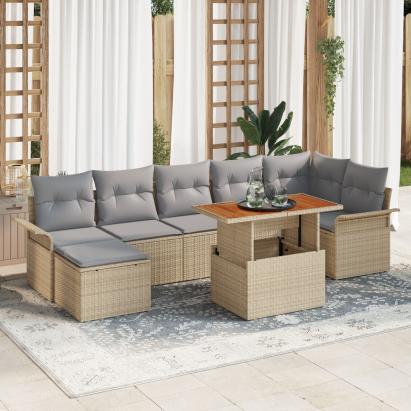 Set de dining pentru grădină de 8 piese cu perne Bej Ratan PE Acacia GartenMobel Dekor