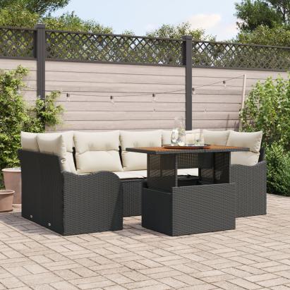 Set Sofa Grădină  cu 7 Piese și Perne Negre Ratan Poliester Acacia, Sofa Grădină  cu 2 Locuri și Perne Negre Ratan Poliester GartenMobel Dekor