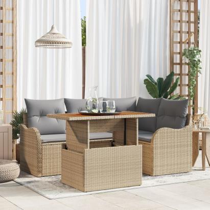 Set de 5 Piese de Sofa pentru Grădină cu Pernuțe Bej Ratan PE Acacia, Sofa pentru Grădină cu 2 Locuri și Pernuțe Bej Ratan PE GartenMobel Dekor